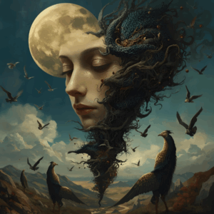 A Ukrainian woman stands between light and shadow, her calm yet resolute face reflecting the struggle for gender equality. Her figure gracefully transforms into a golden staircase ascending toward the sky, symbolizing progress, resilience, and hope. Gentle motifs of Ukrainian culture flow around her, connecting her to her heritage. She stands between two worlds - unable to return because of the war, striving to be lighter than the birds, yet her roots remain deeply intertwined with her motherland.